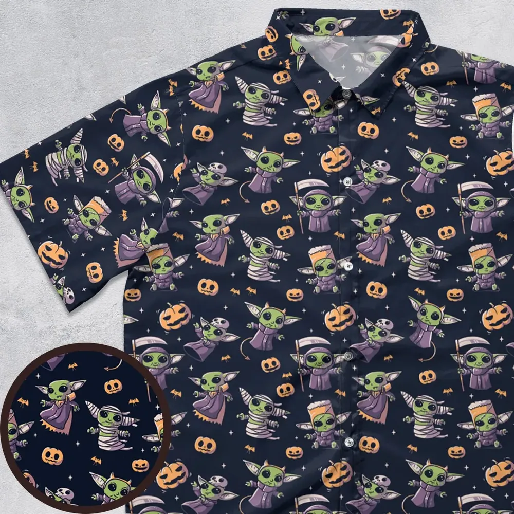 Cute Baby Yoda Halloween Pattern Button Down Shirt - 1