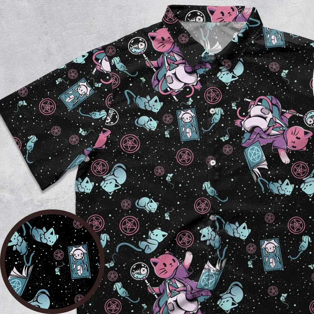 Necromancer Cat Pattern Button Down Shirt - 1