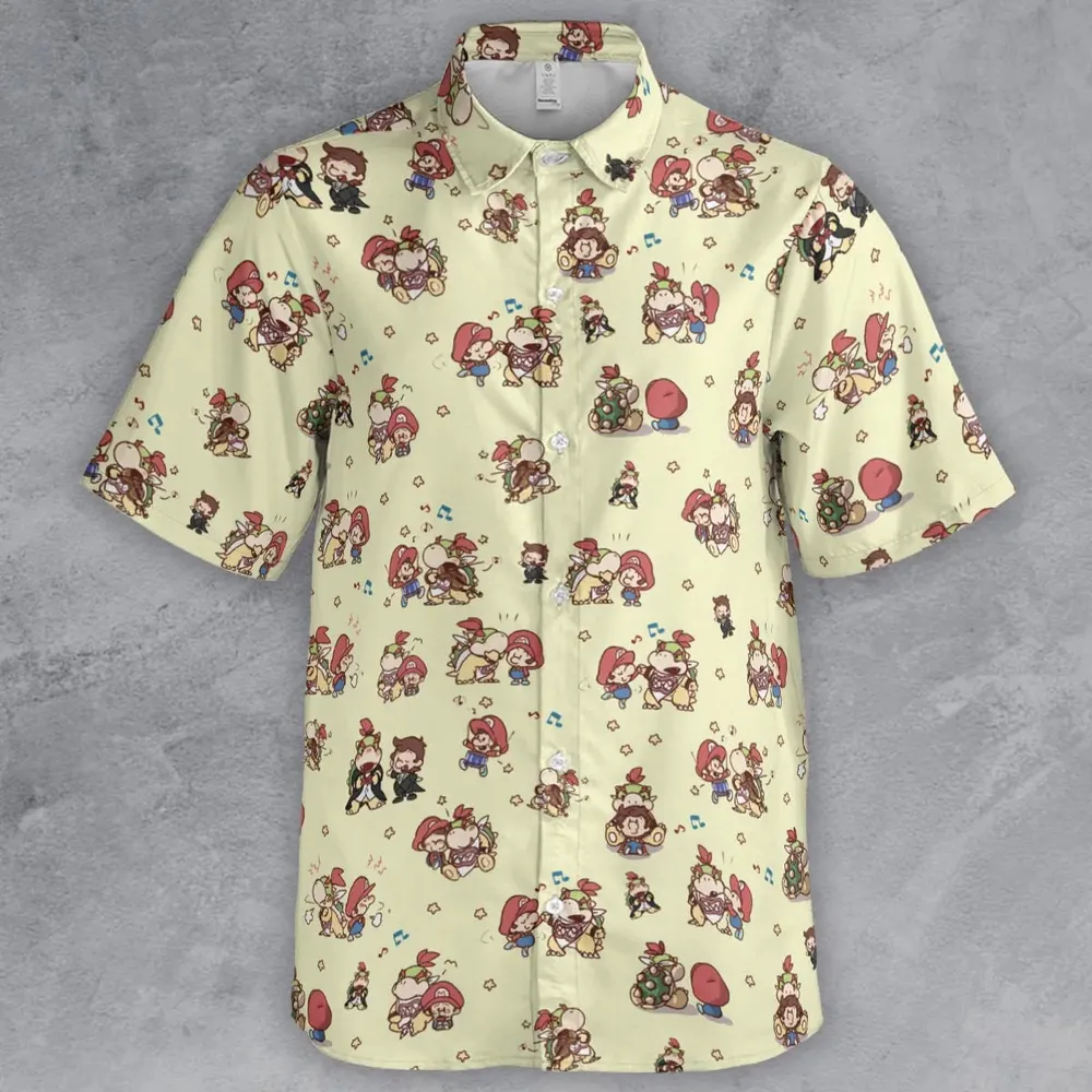 So Cute Bowser and Mario Pattern Button Down Shirt - 2
