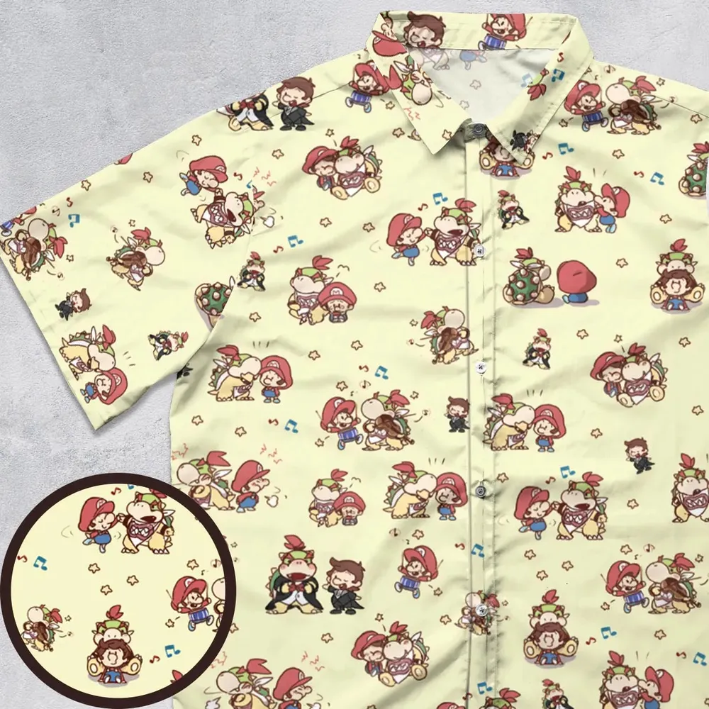 So Cute Bowser and Mario Pattern Button Down Shirt - 1