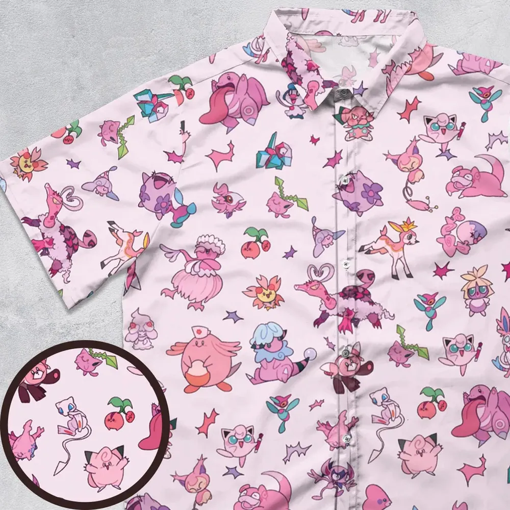 Team Pink Pokemon Pattern Button Down Shirt - 1