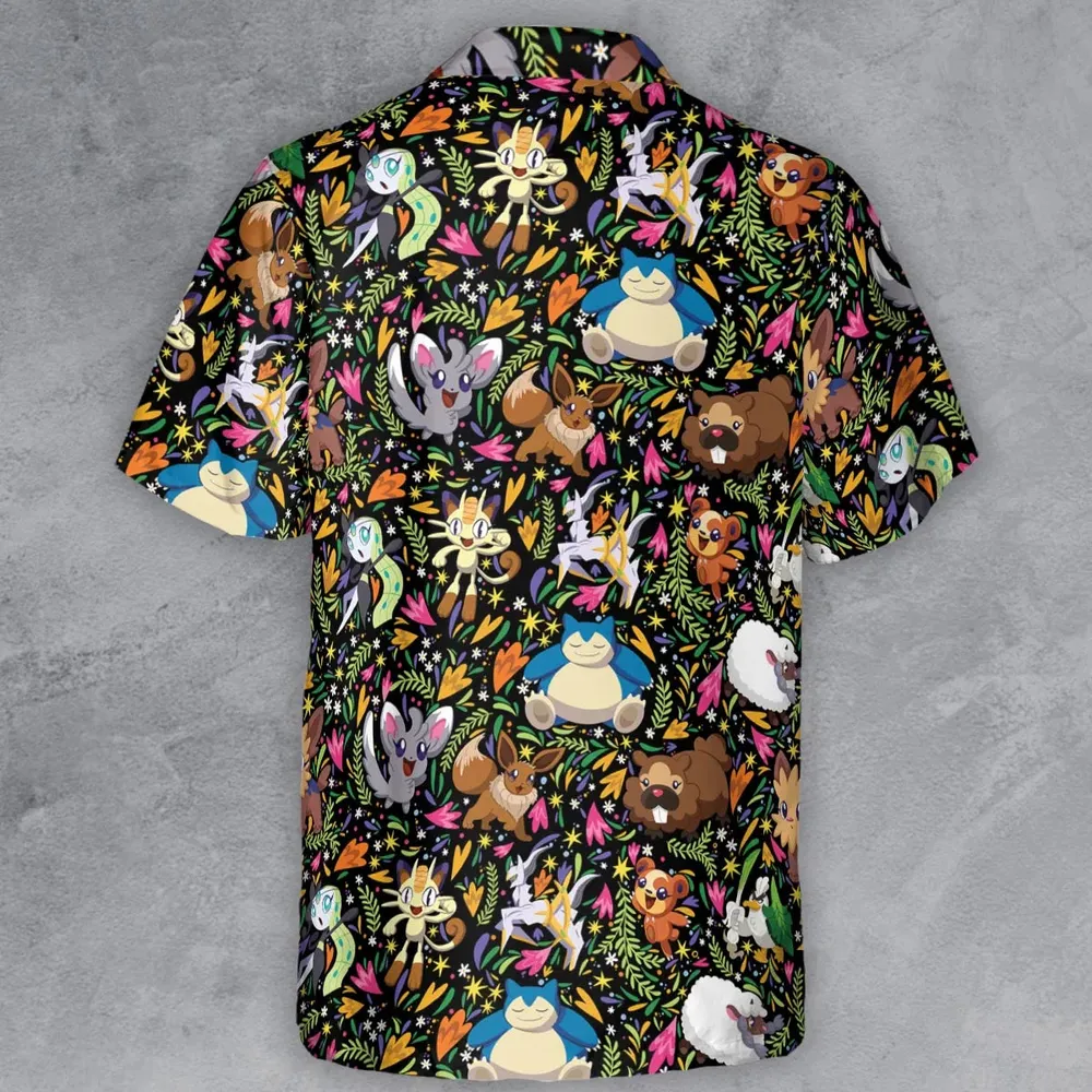 Floral Snorlax Bidoof Eevee Meloetta Pokemon Button Down Shirt - 3