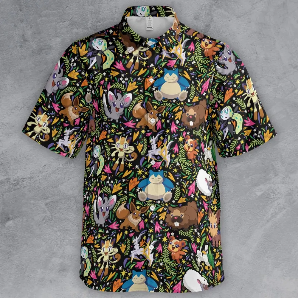 Floral Snorlax Bidoof Eevee Meloetta Pokemon Button Down Shirt - 2