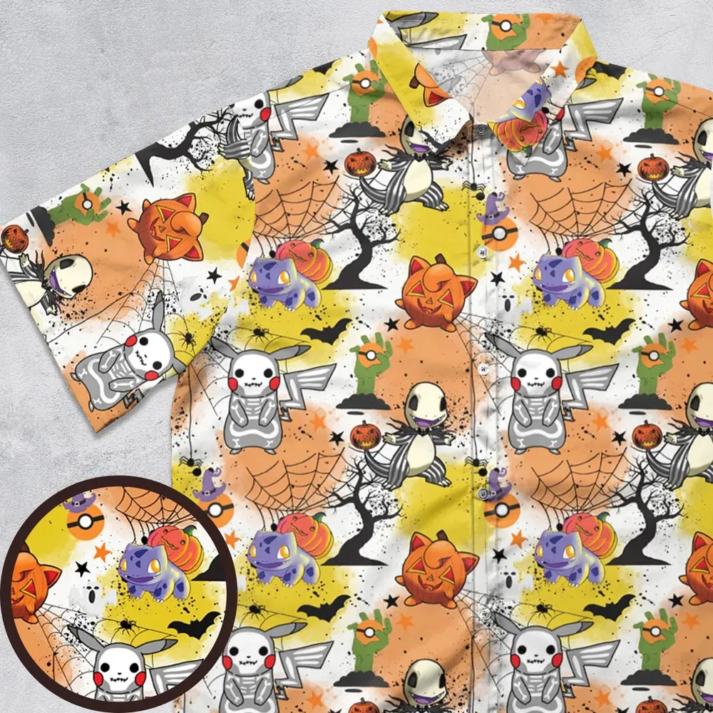 Spooky Costume Pikachu Charmander Jigglypuff Bulbasaur Pokemon Button Down Shirt - 1