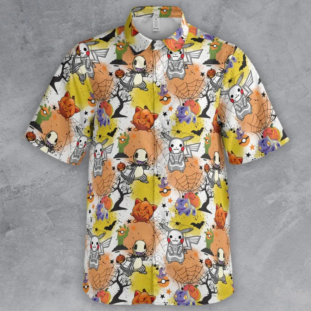 Spooky Costume Pikachu Charmander Jigglypuff Bulbasaur Pokemon Button Down Shirt - 2