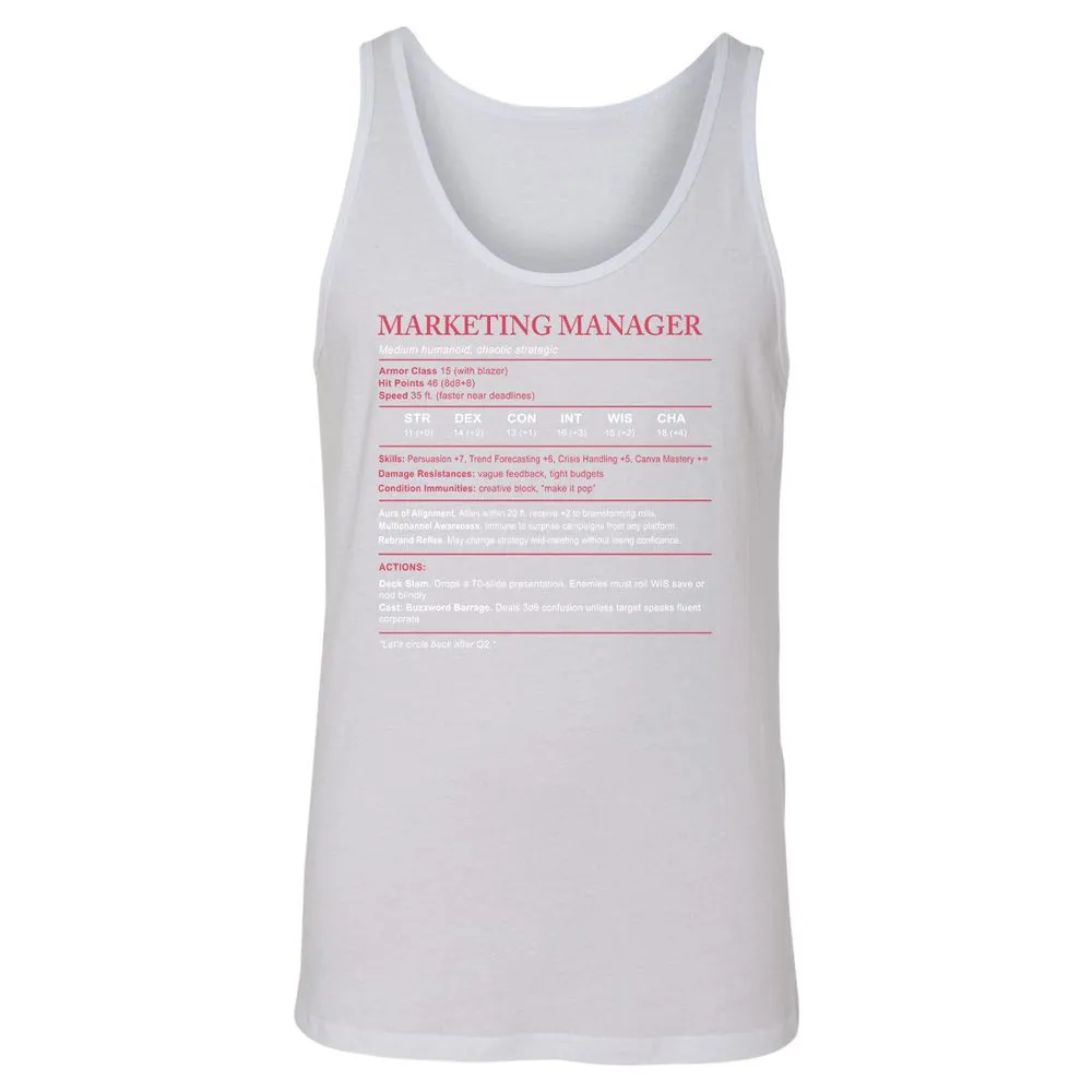 Marketing Manager Stats Unisex Jersey Tank - White - 14