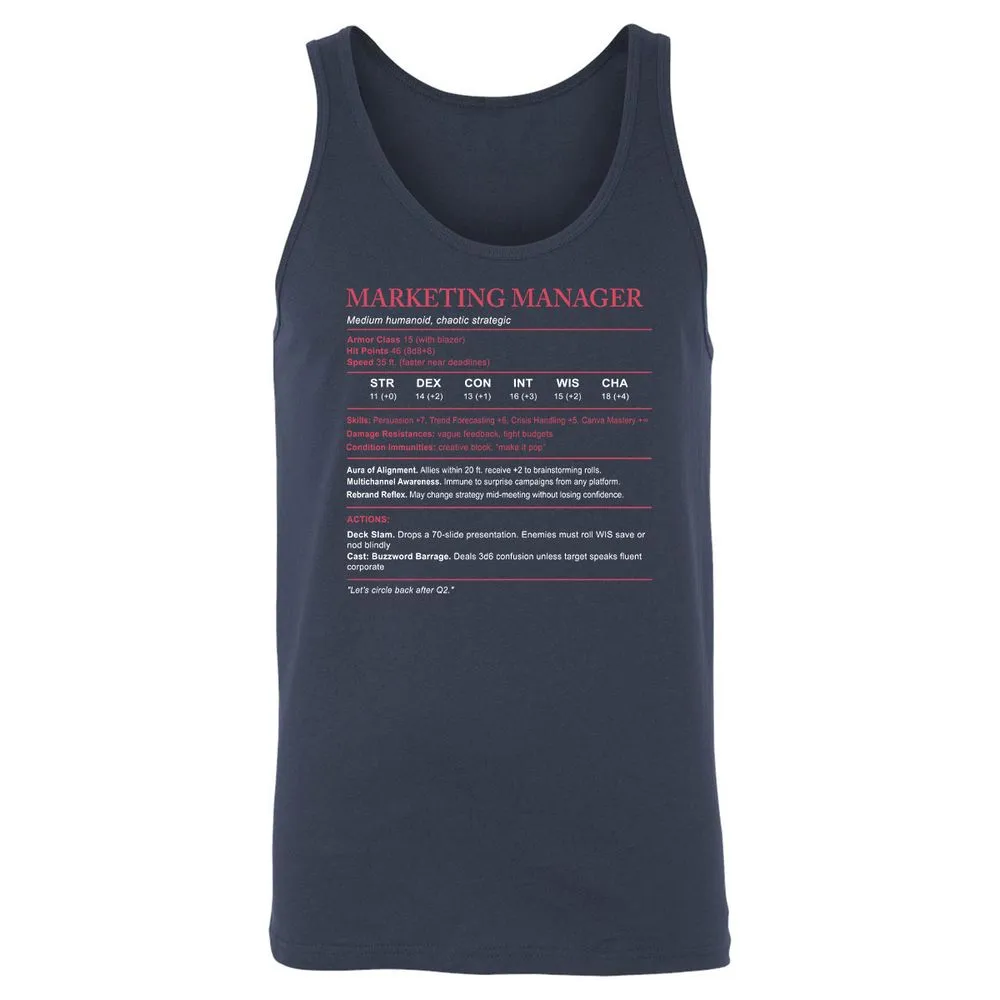 Marketing Manager Stats Unisex Jersey Tank - Navy - 2