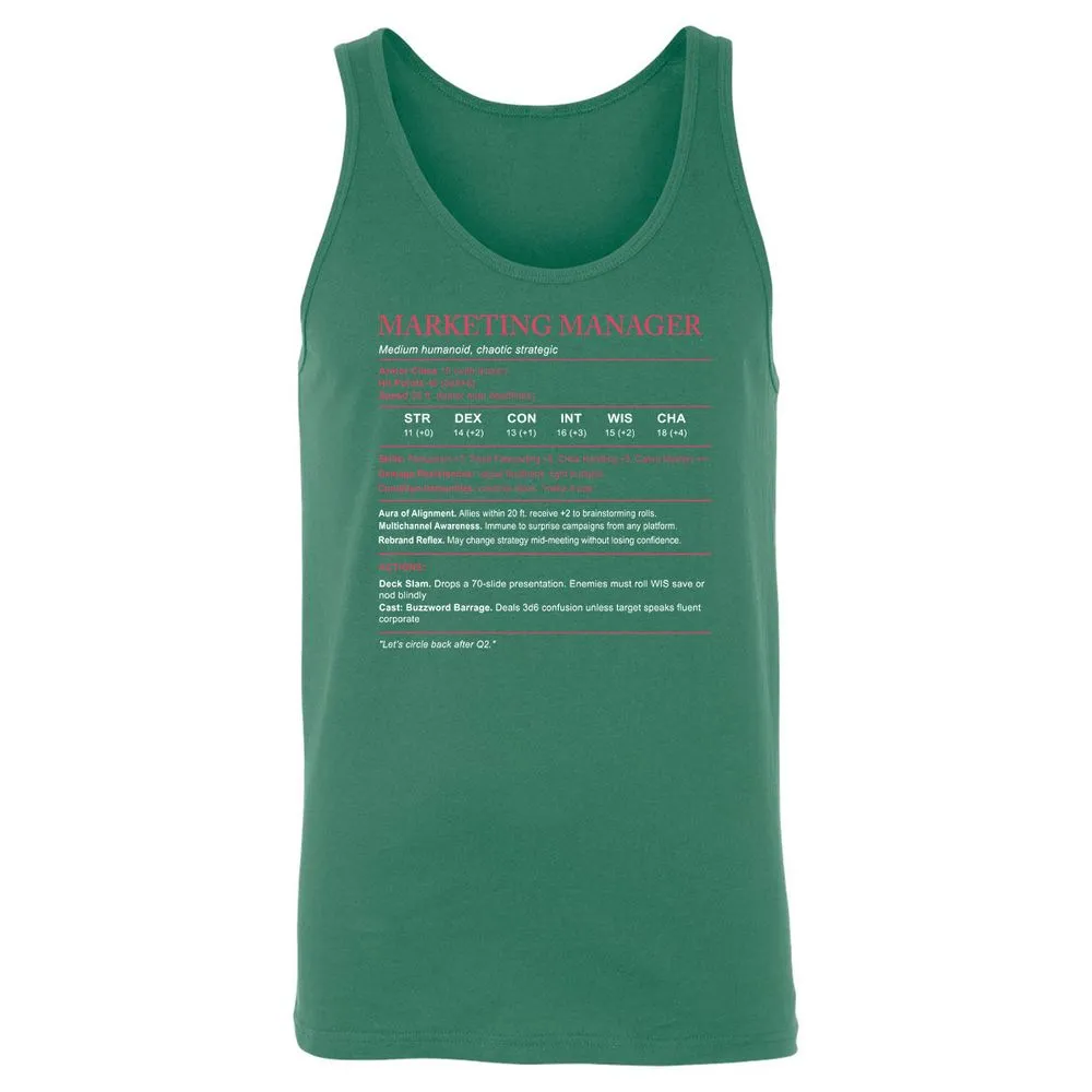Marketing Manager Stats Unisex Jersey Tank - Kelly - 9