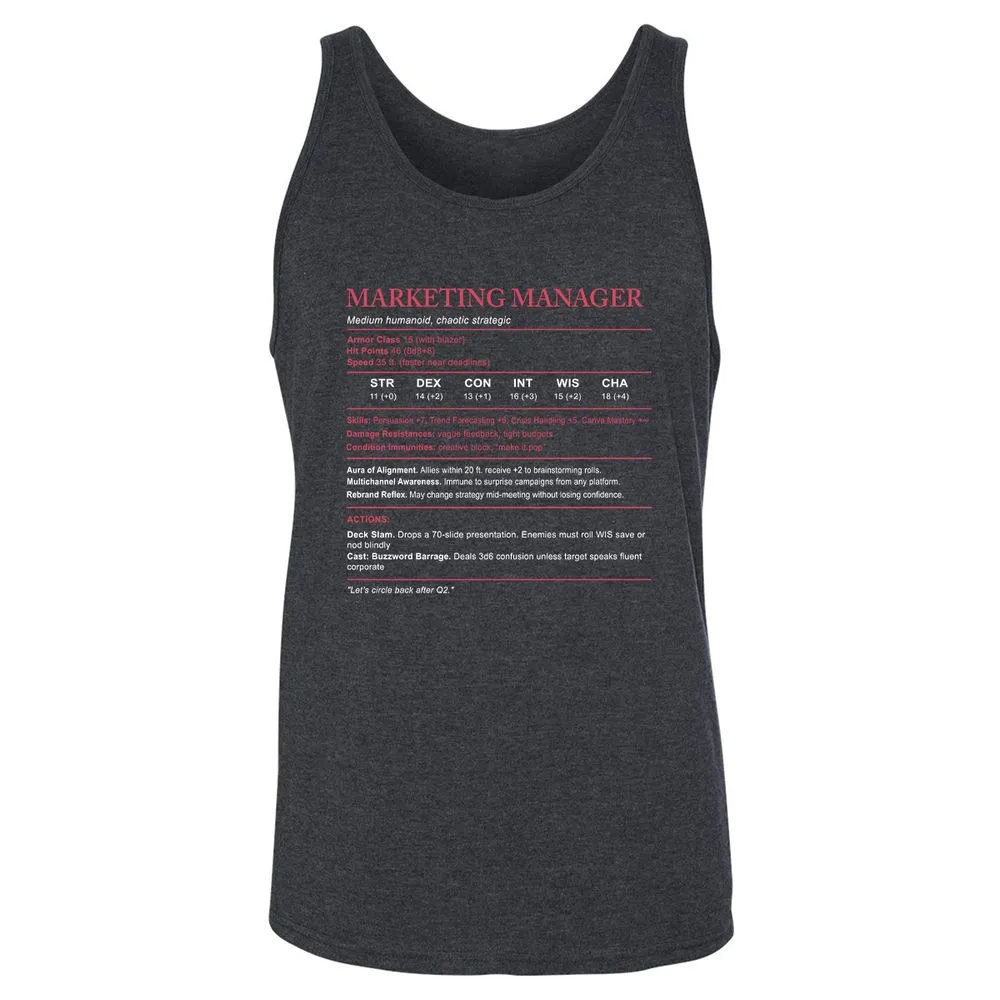 Marketing Manager Stats Unisex Jersey Tank - Dark Grey Heather - 6