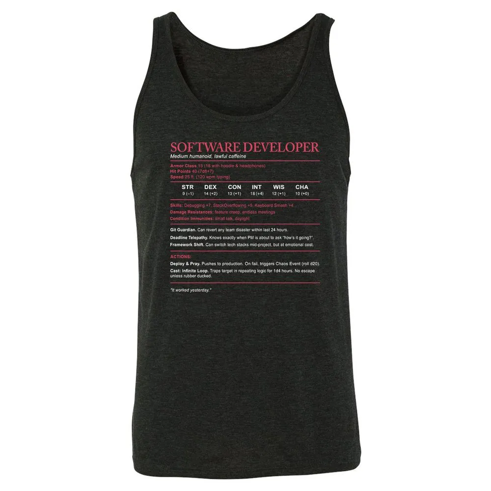 Software Developer Stats Unisex Jersey Tank - Charcoal Black Triblend - 5