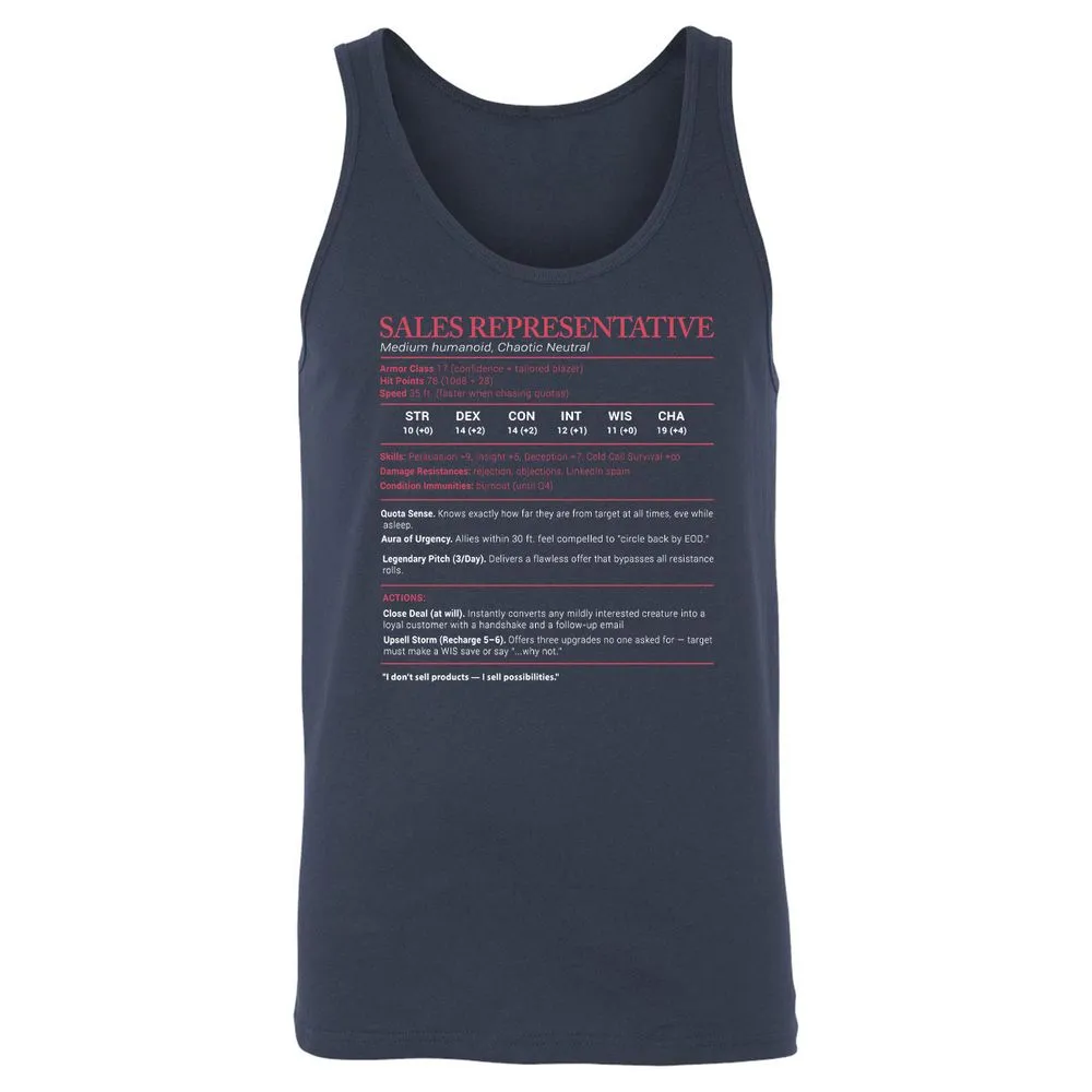 Sales Presentative Stats Unisex Jersey Tank - Navy - 2