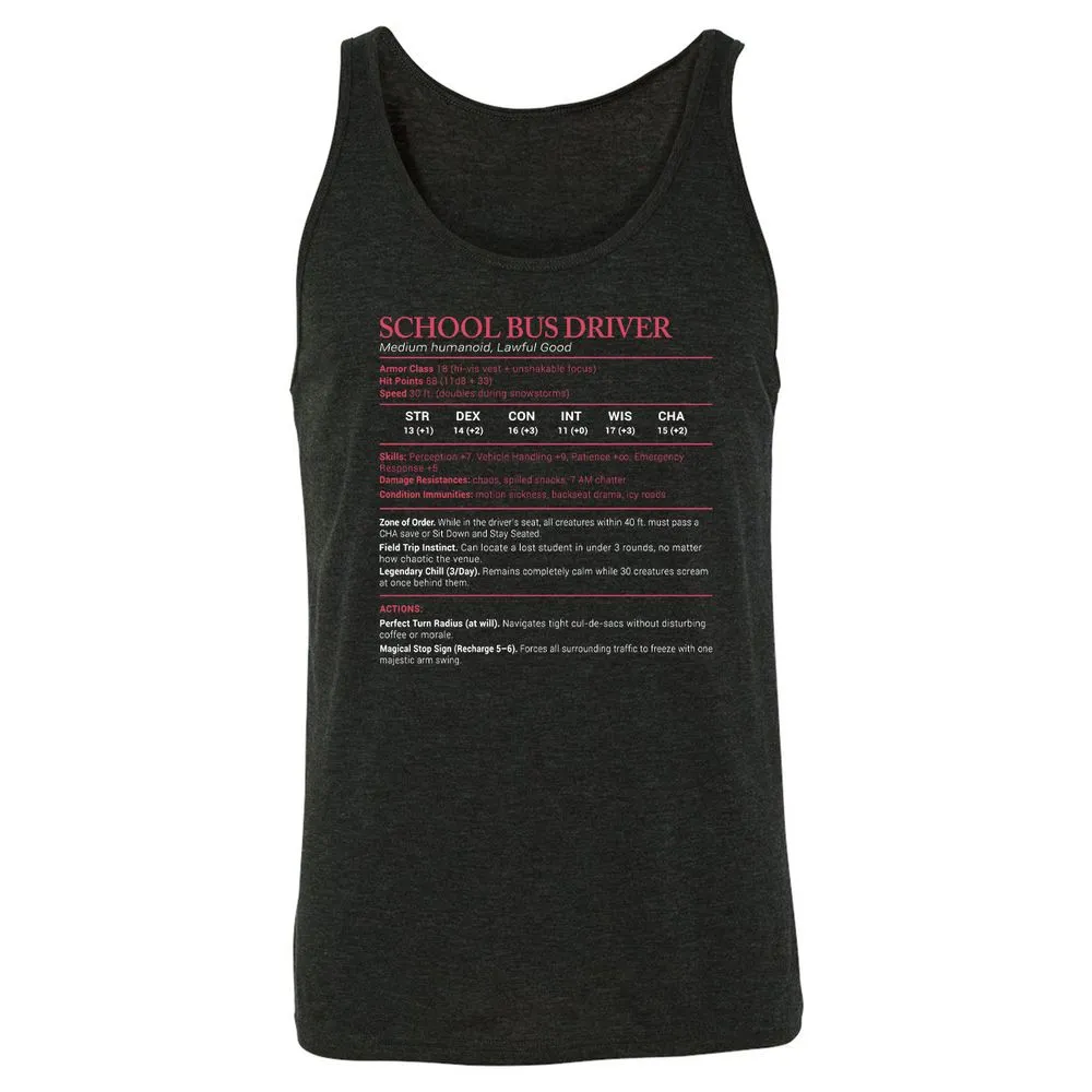School Bus Driver Stats Unisex Jersey Tank - Charcoal Black Triblend - 5