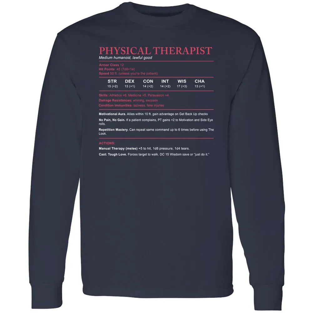 Physical Therapist Stats Long Sleeve T-Shirt - Navy - 2