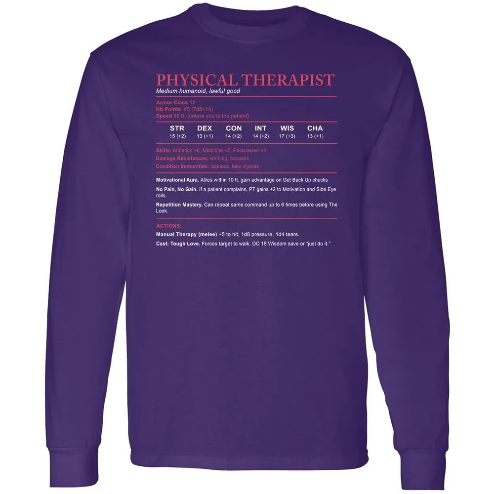 Physical Therapist Stats Long Sleeve T-Shirt - Purple - 13