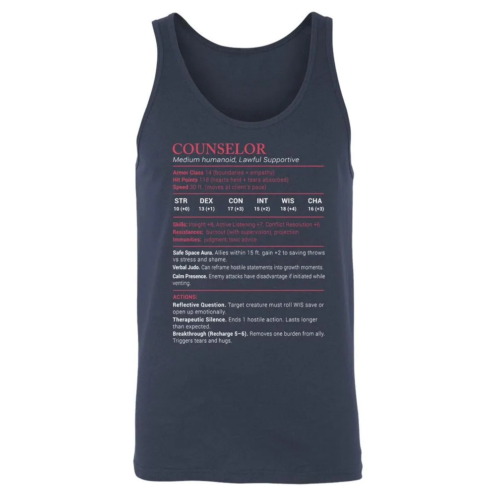 Counselor Stats Unisex Jersey Tank - Navy - 2