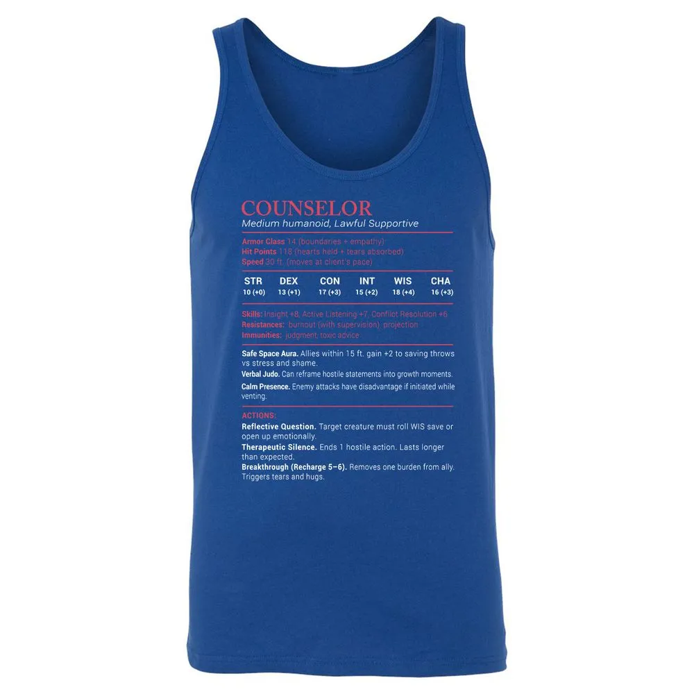 Counselor Stats Unisex Jersey Tank - True Royal - 13