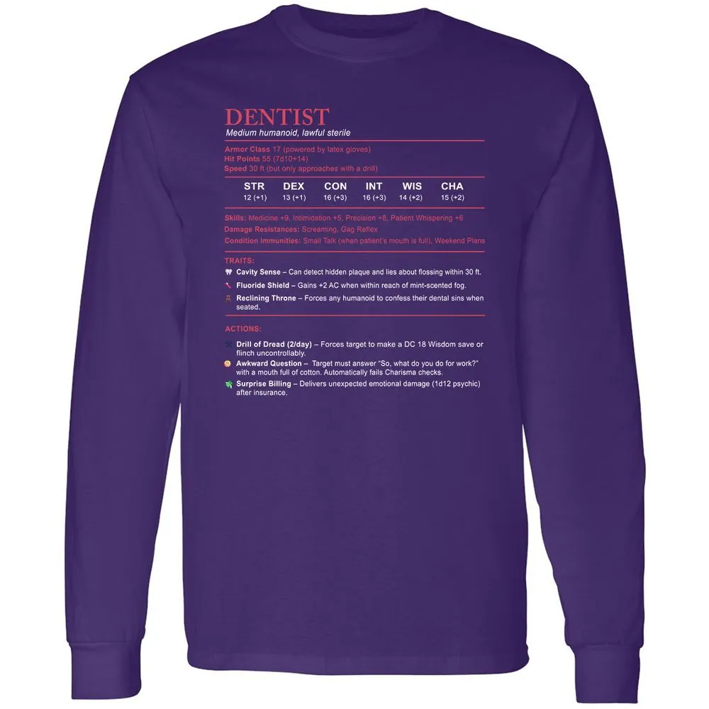Dentist Stats Long Sleeve T-Shirt - Purple - 13