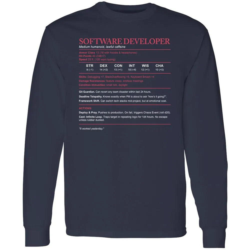 Software Developer Stats Long Sleeve T-Shirt - Navy - 2