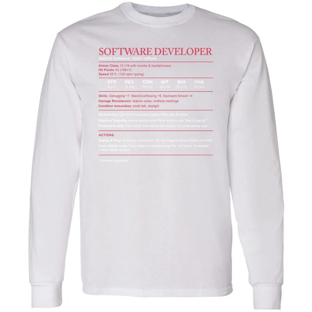 Software Developer Stats Long Sleeve T-Shirt - White - 5