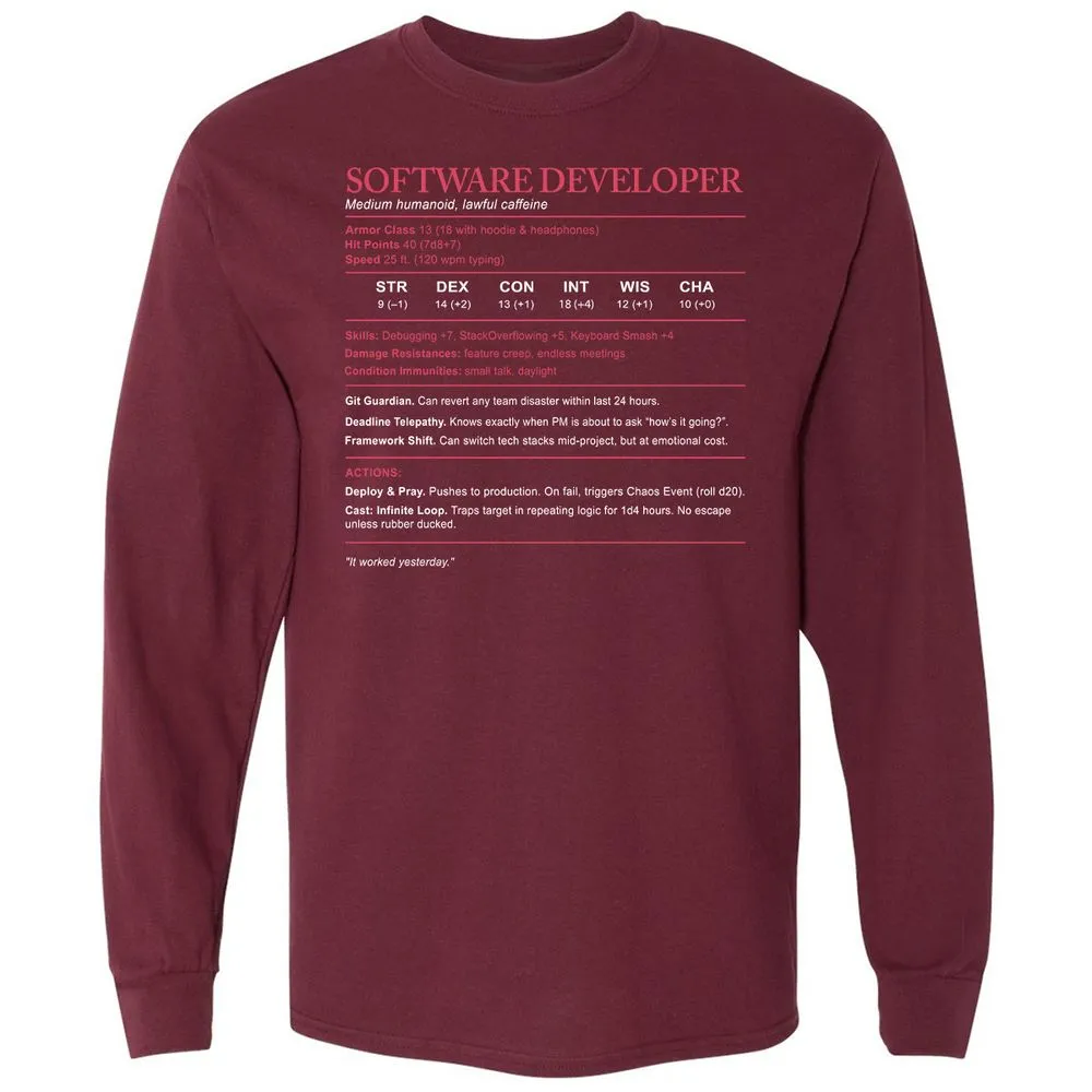Software Developer Stats Long Sleeve T-Shirt - Maroon - 11