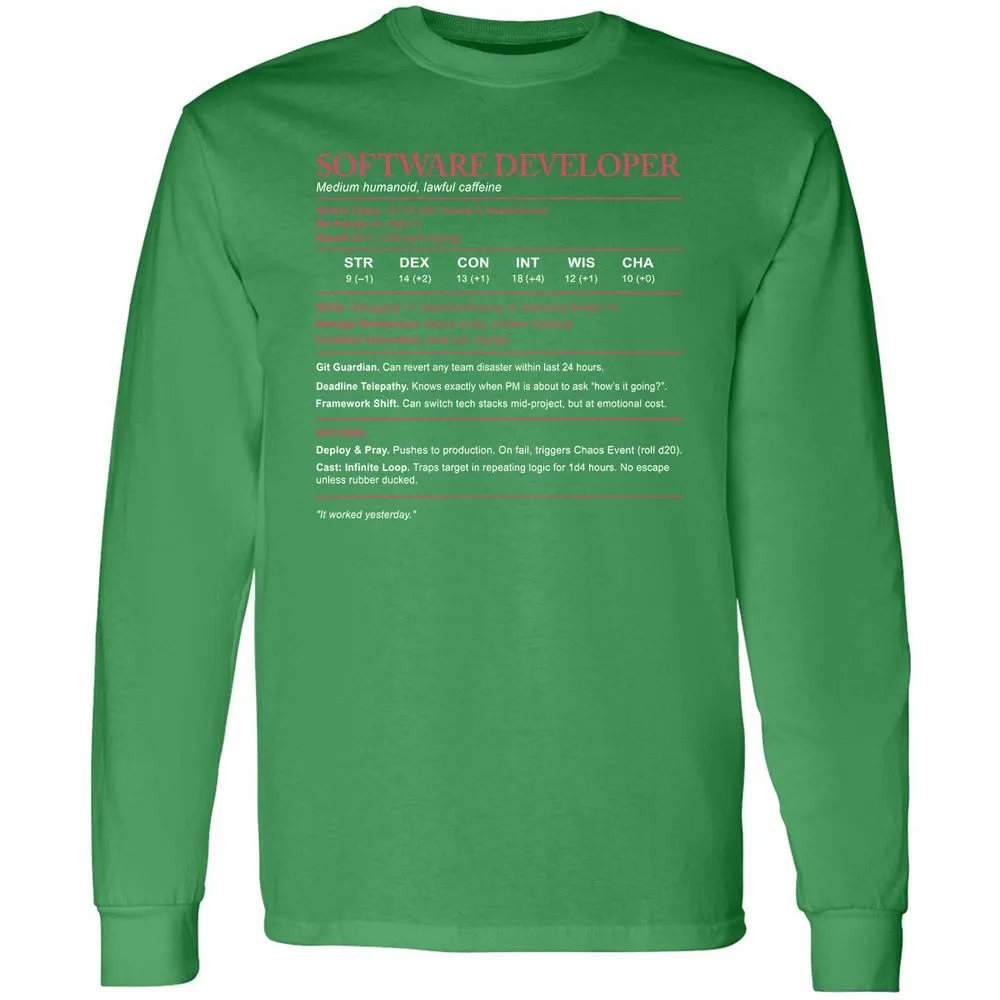 Software Developer Stats Long Sleeve T-Shirt - Irish Green - 10