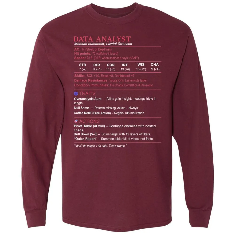 Data Analyst Stats Long Sleeve T-Shirt - Maroon - 11