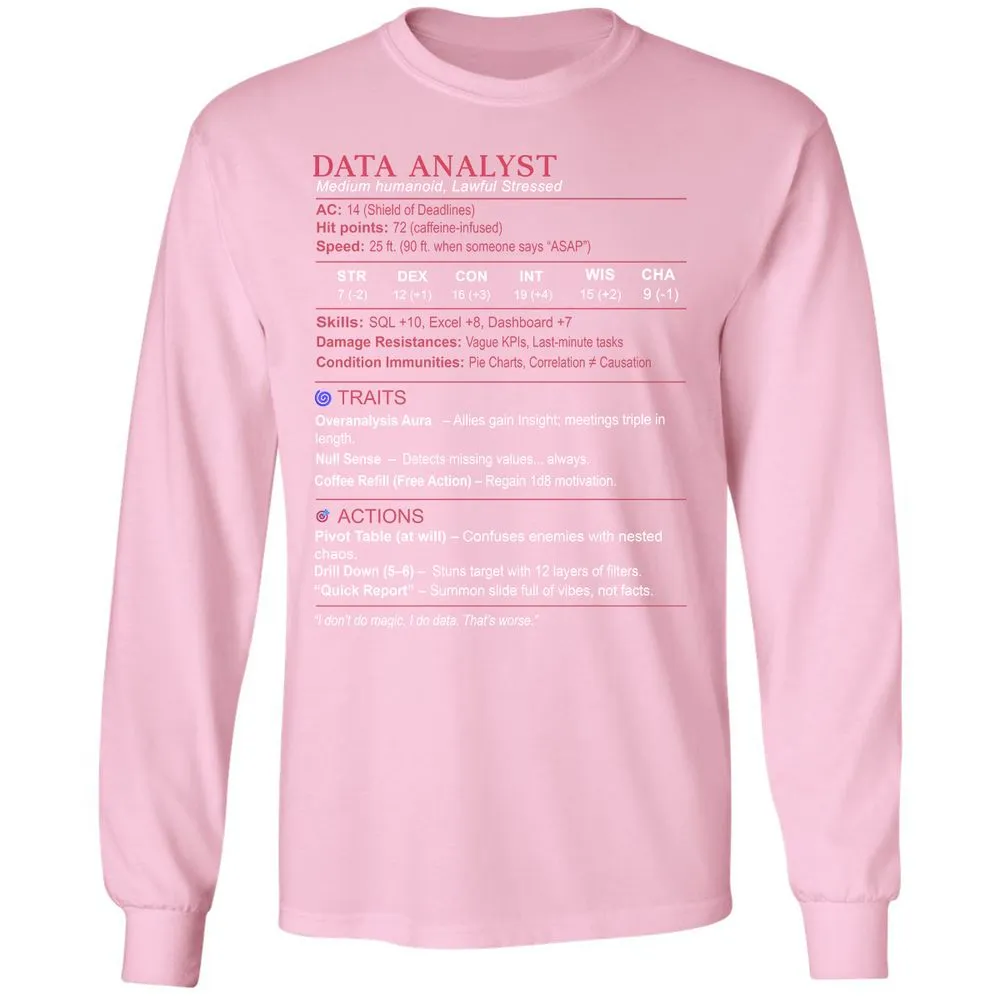 Data Analyst Stats Long Sleeve T-Shirt - Light Pink - 3
