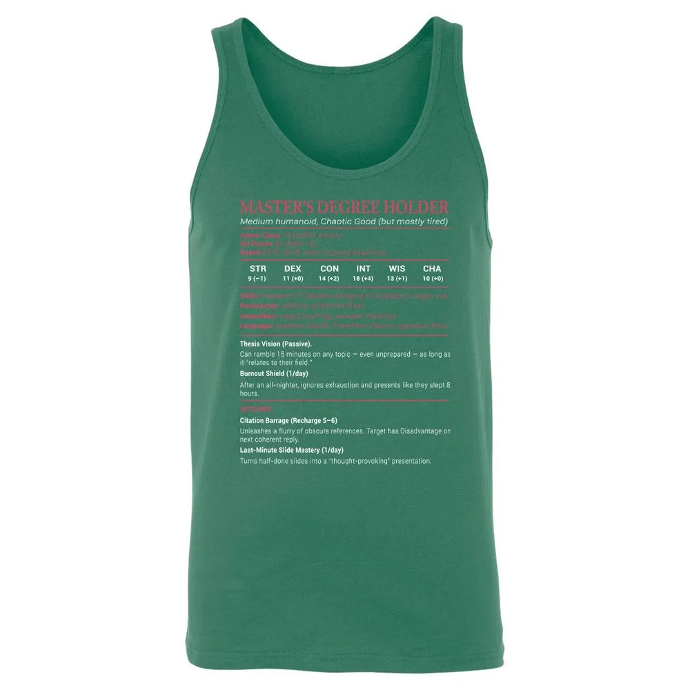 Master Degree's Holder Stats Unisex Jersey Tank - Kelly - 9