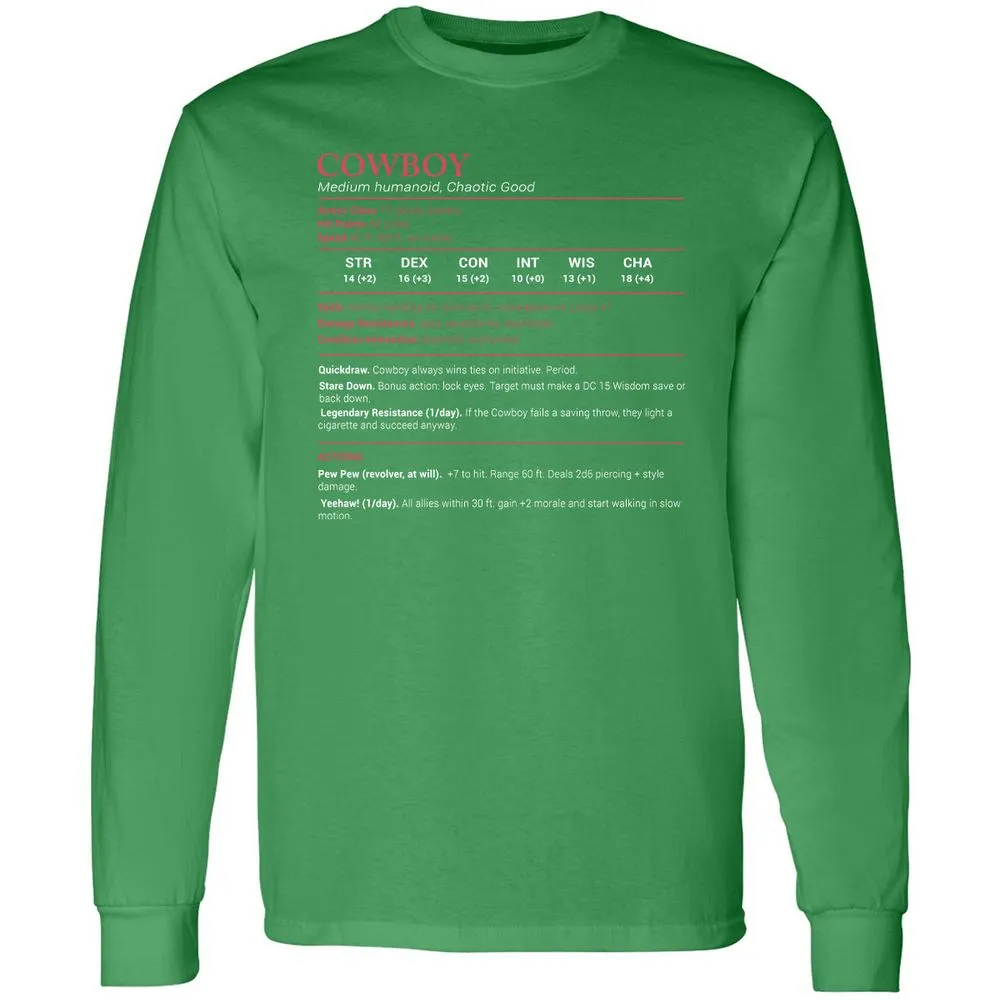 Cowboy Stats Long Sleeve T-Shirt - Irish Green - 10