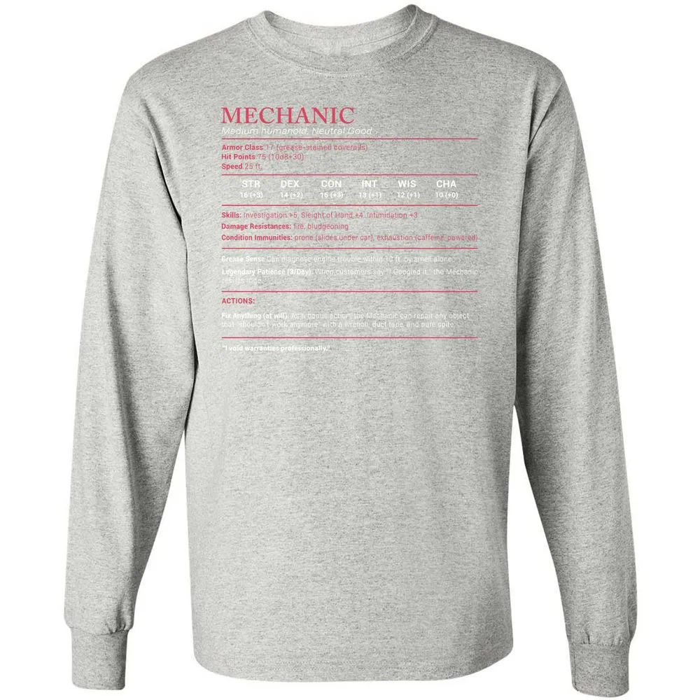 Mechanic Stats Long Sleeve T-Shirt - Ash - 7