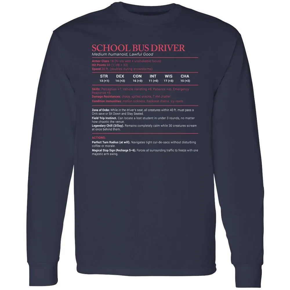 School Bus Driver Stats Long Sleeve T-Shirt - Navy - 2