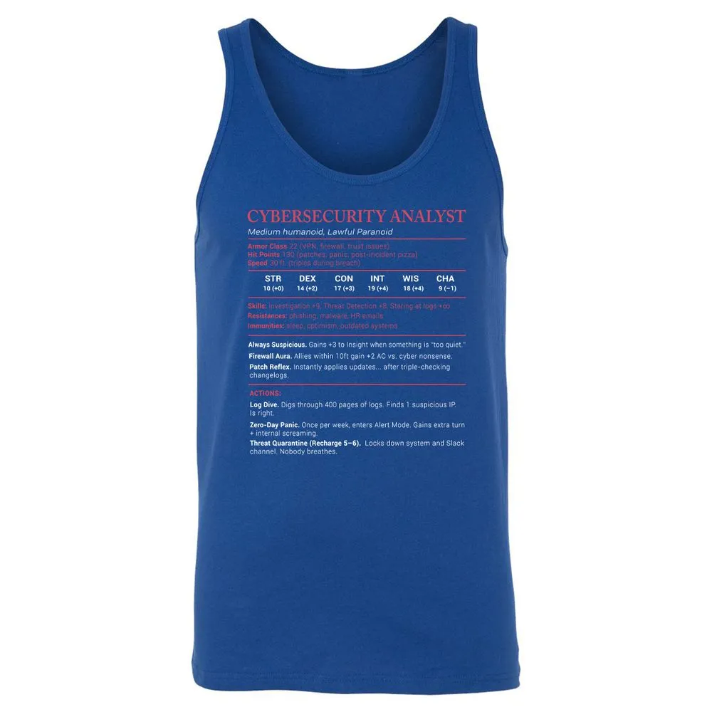 Cybersecurity Analyst Stats Unisex Jersey Tank - True Royal - 13