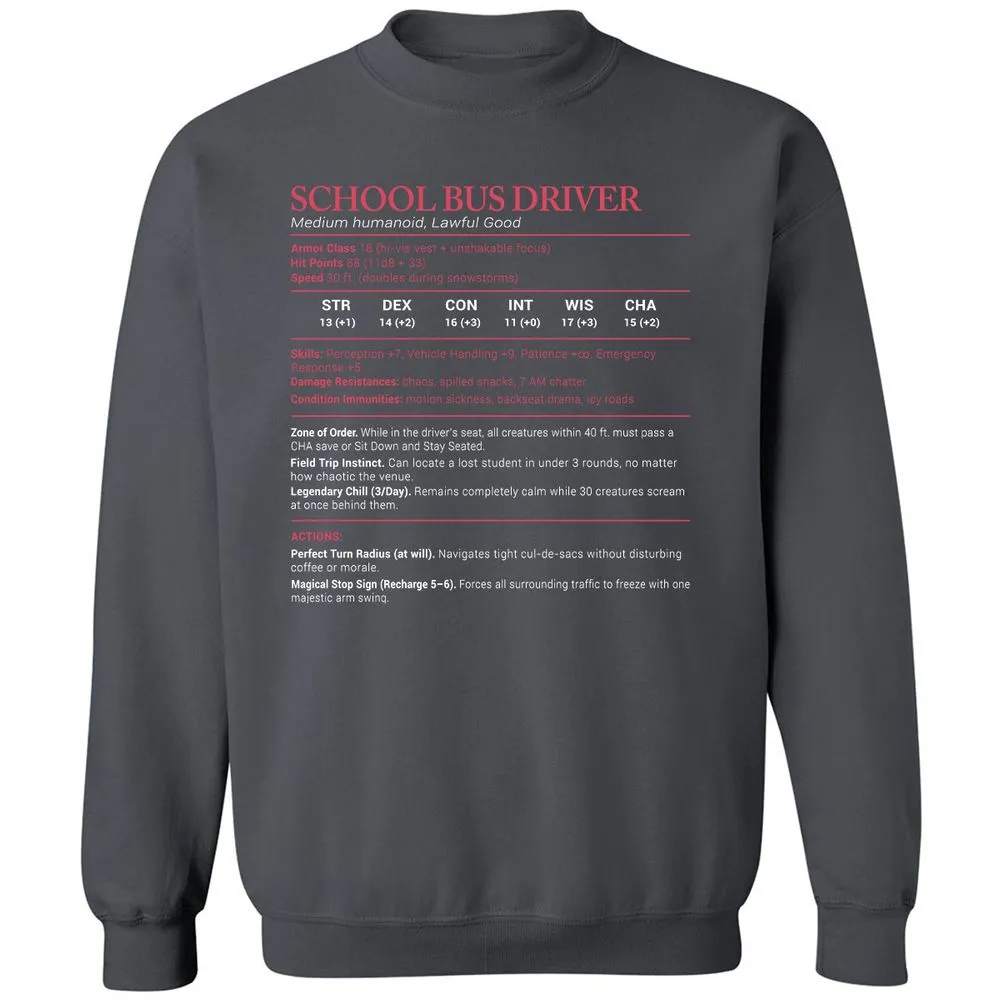 School Bus Driver Stats Classic Unisex Sweatshirt - Charcoal - 7