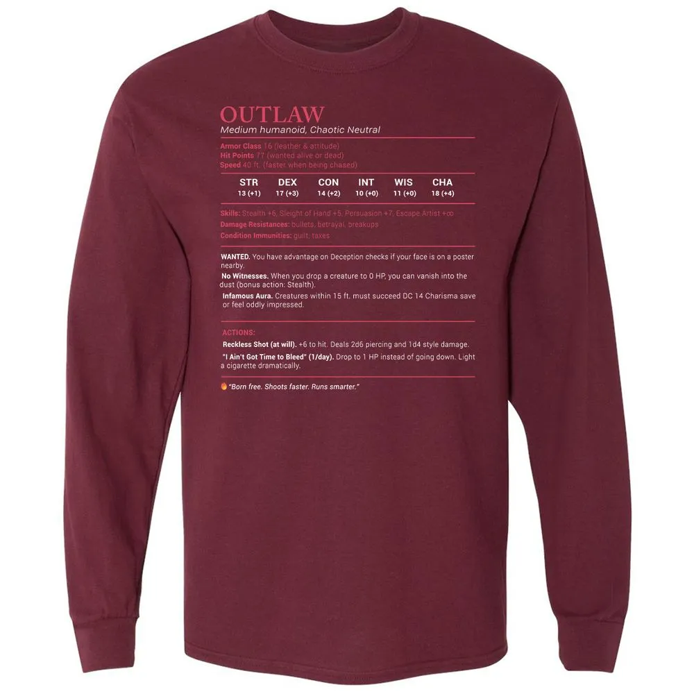 Outlaw Stats Long Sleeve T-Shirt - Maroon - 11