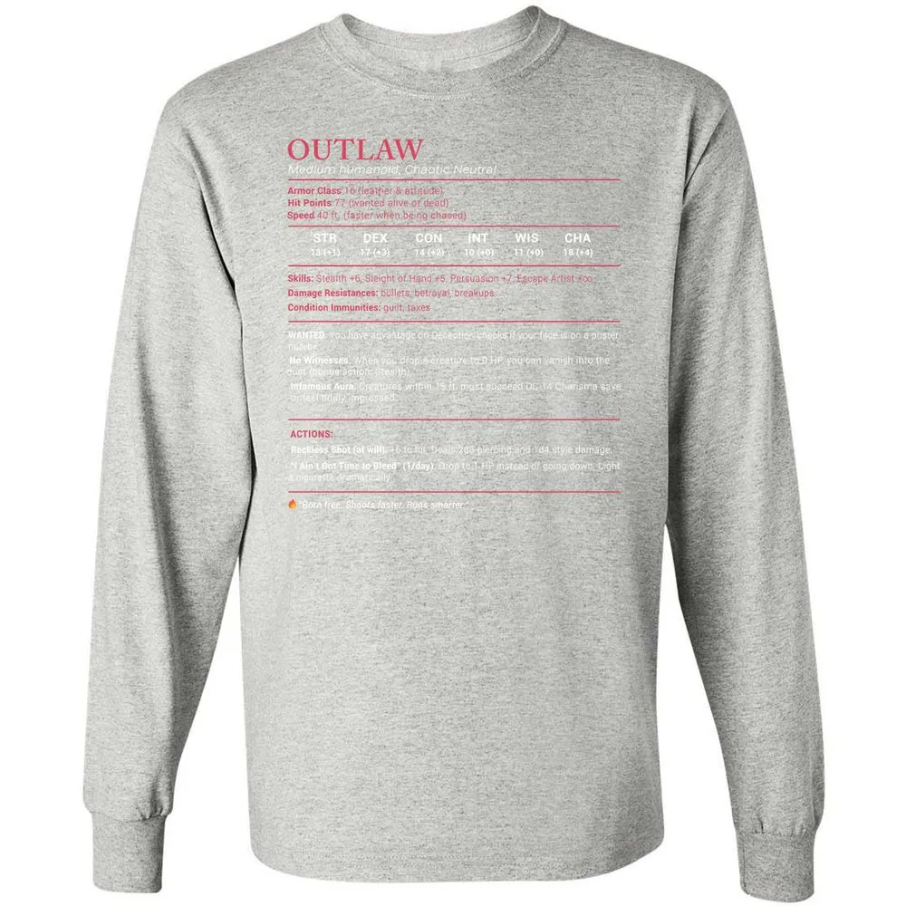 Outlaw Stats Long Sleeve T-Shirt - Ash - 7