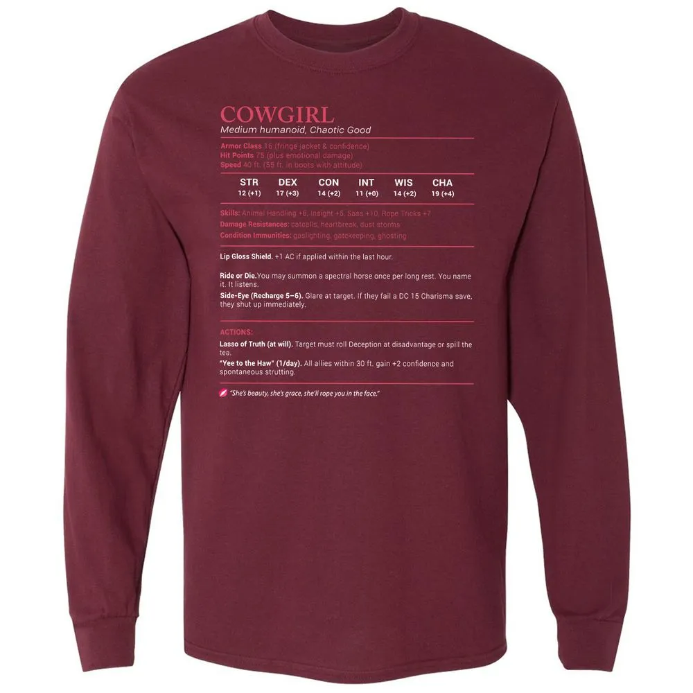 Cowgirl Stats Long Sleeve T-Shirt - Maroon - 11