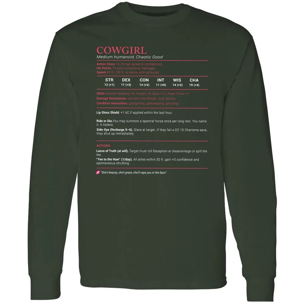 Cowgirl Stats Long Sleeve T-Shirt - Forest Green - 4