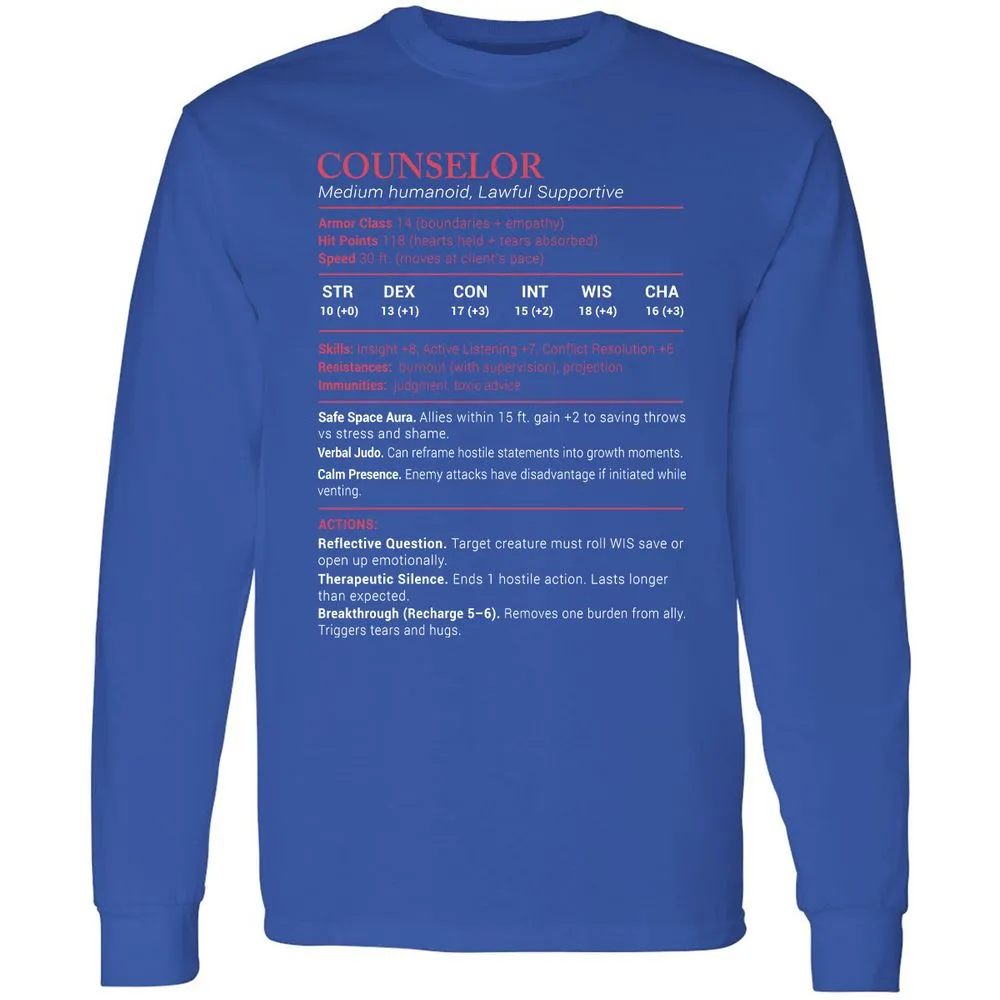 Counselor Stats Long Sleeve T-Shirt - Royal - 8