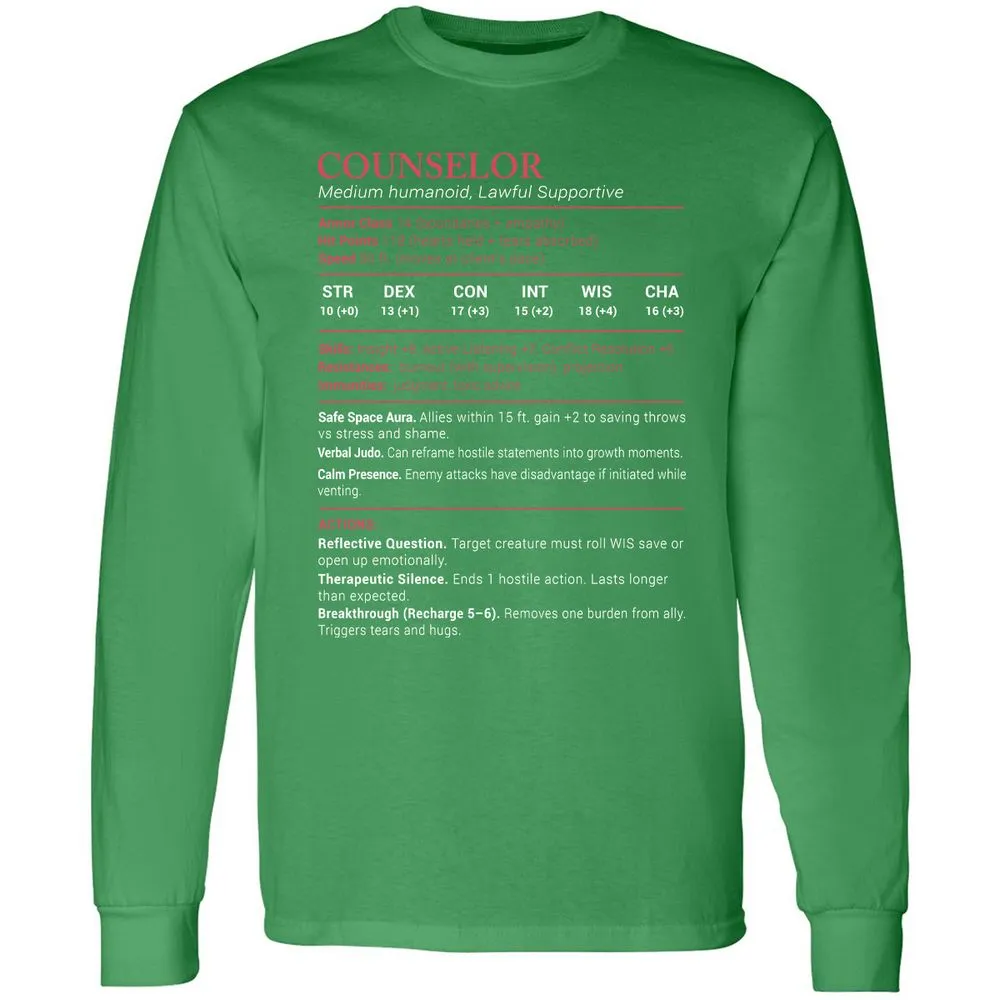 Counselor Stats Long Sleeve T-Shirt - Irish Green - 10