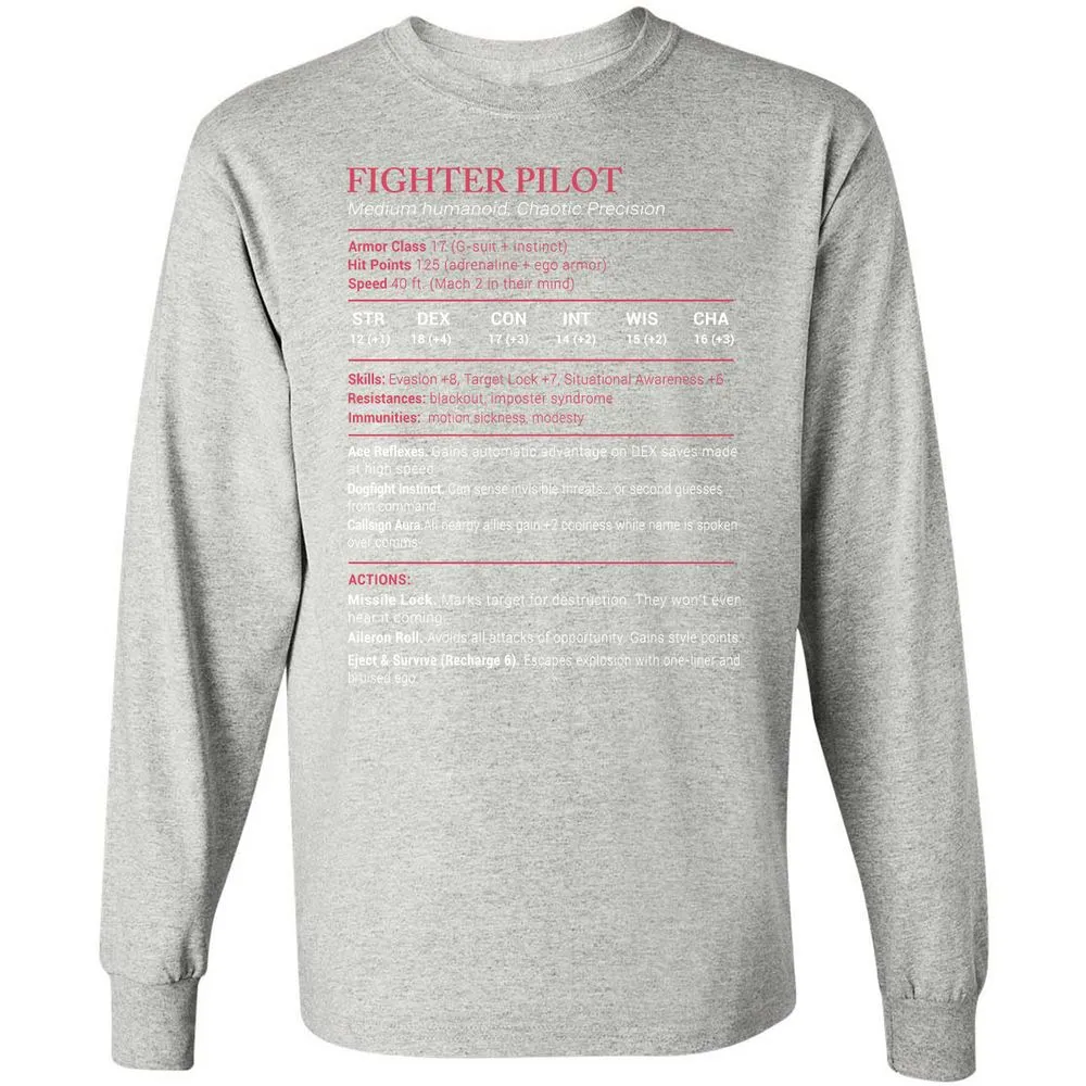 Fighter Pilot Stats Long Sleeve T-Shirt - Ash - 7