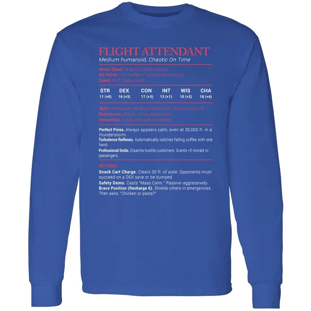Flight Attendant Stats Long Sleeve T-Shirt - Royal - 8