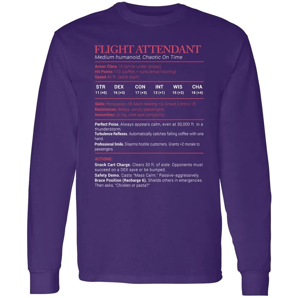 Flight Attendant Stats Long Sleeve T-Shirt - Purple - 13