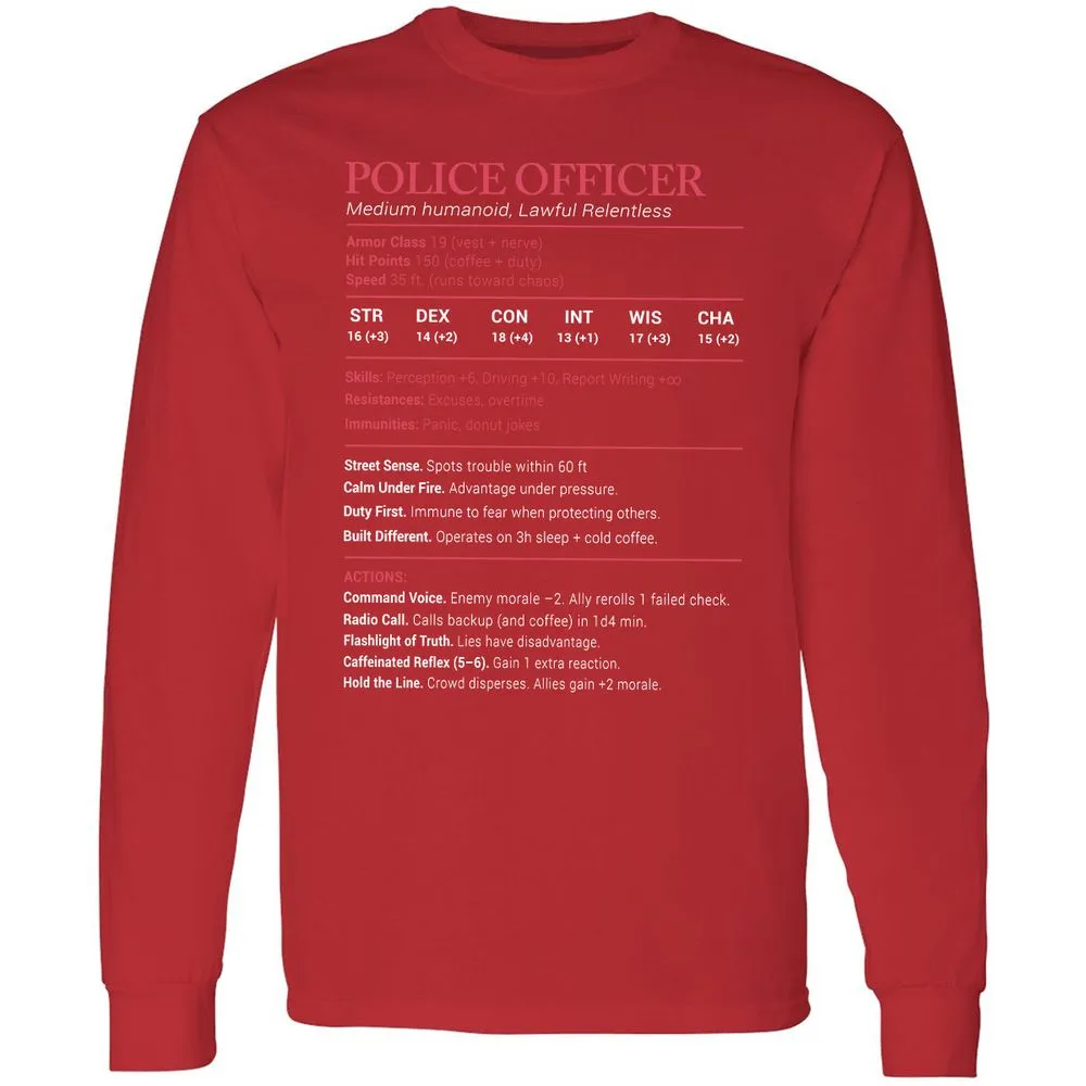 Police Officer Stats Long Sleeve T-Shirt - Red - 14