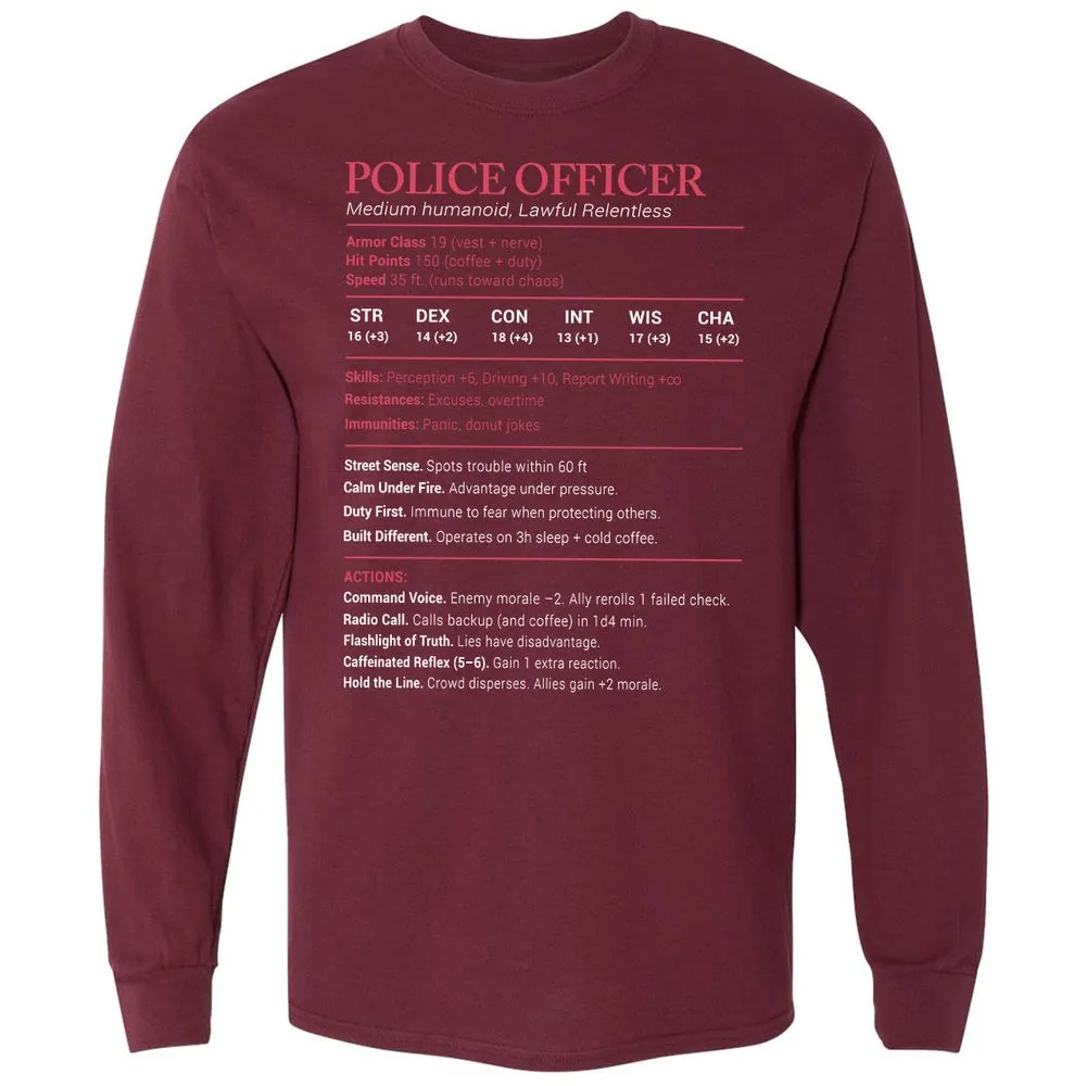 Police Officer Stats Long Sleeve T-Shirt - Maroon - 11