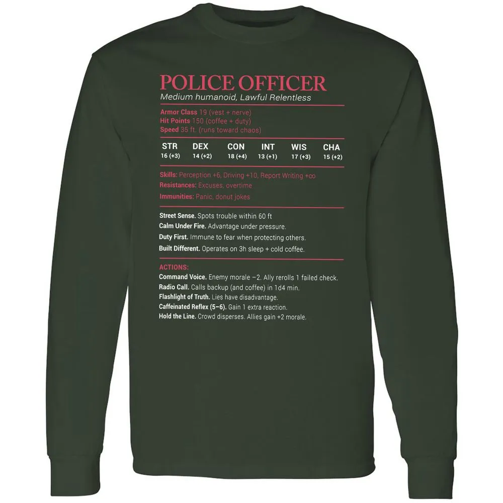 Police Officer Stats Long Sleeve T-Shirt - Forest Green - 4