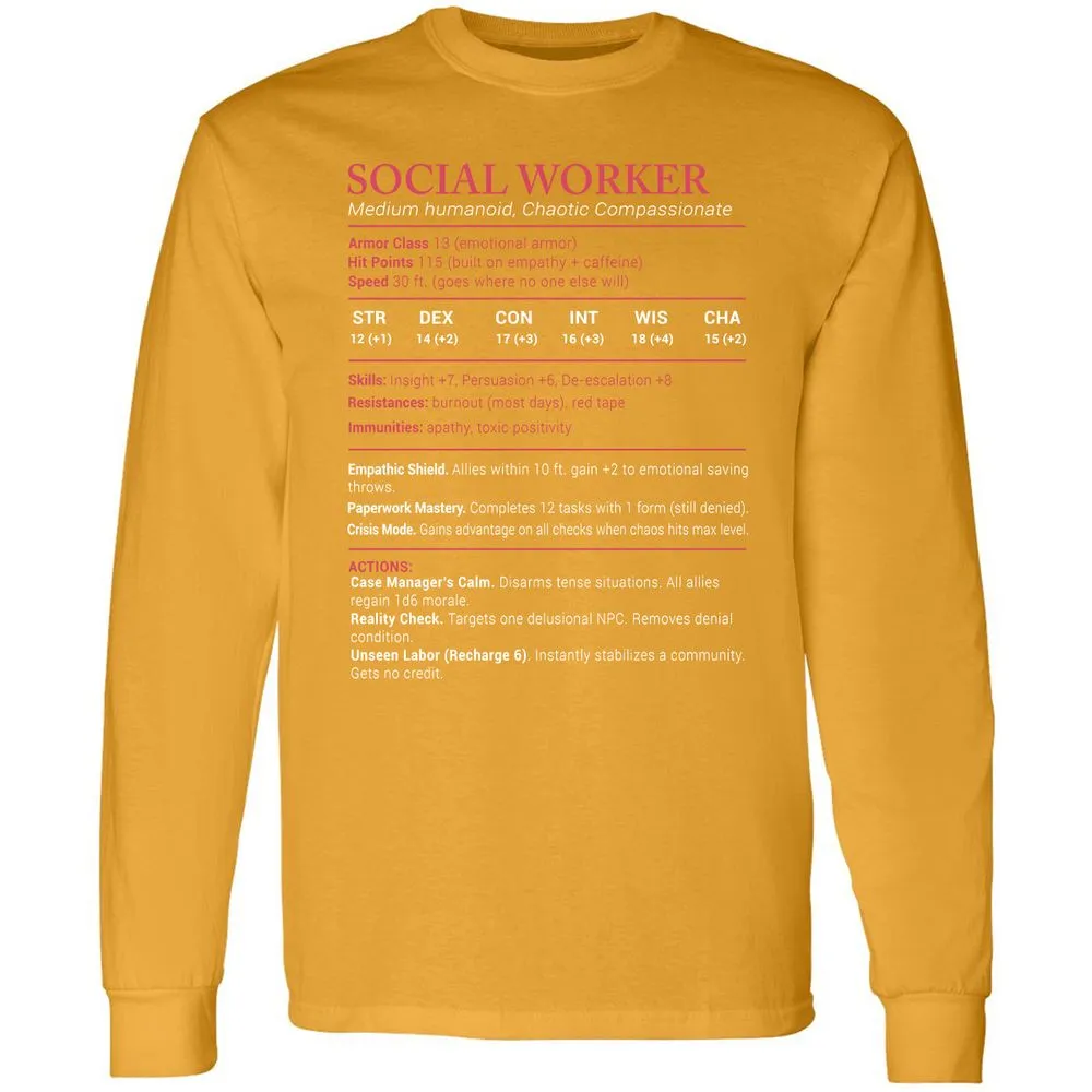 Social Worker Stats Long Sleeve T-Shirt - Gold - 9