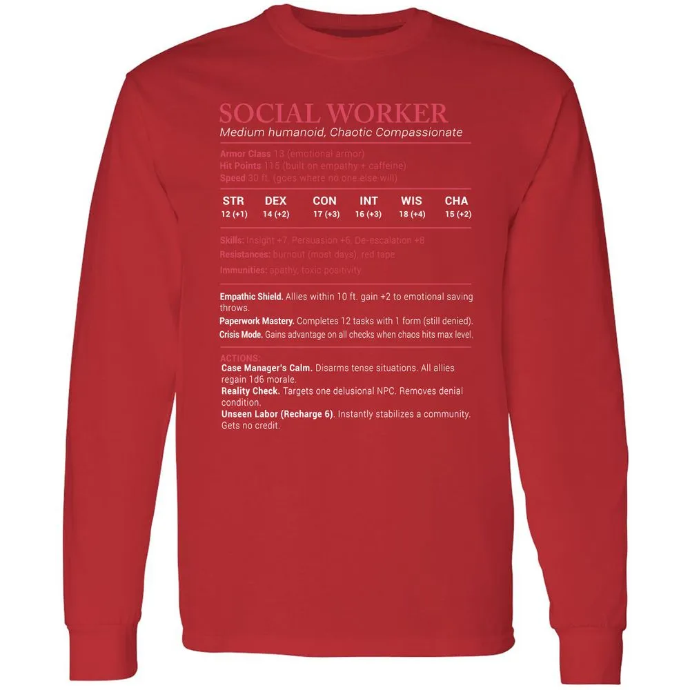 Social Worker Stats Long Sleeve T-Shirt - Red - 14