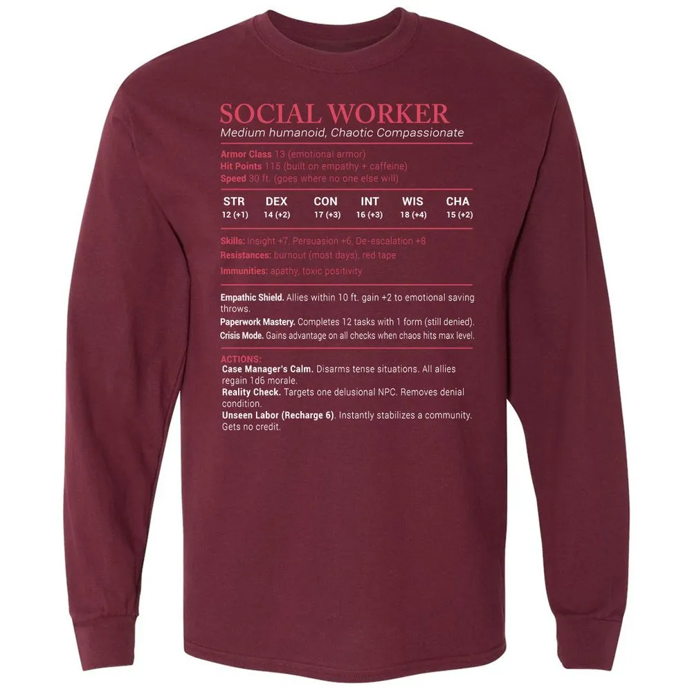 Social Worker Stats Long Sleeve T-Shirt - Maroon - 11