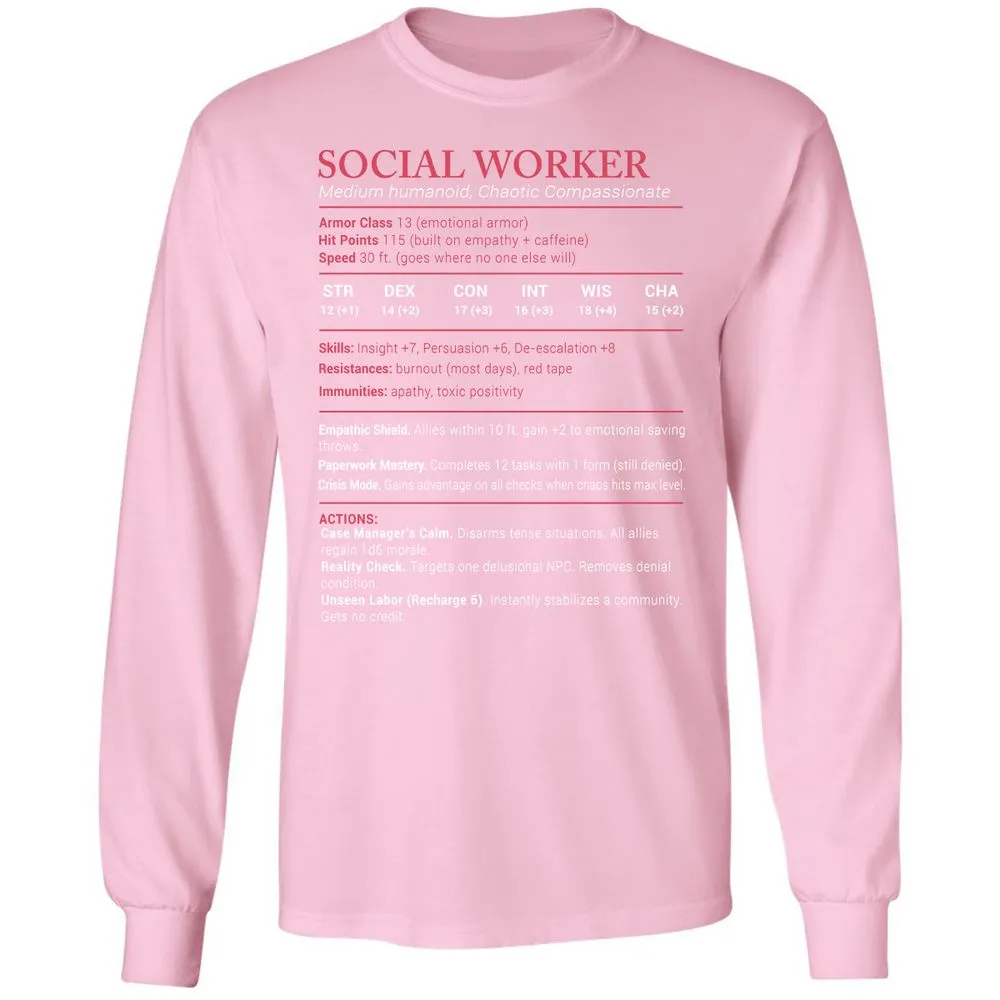 Social Worker Stats Long Sleeve T-Shirt - Light Pink - 3