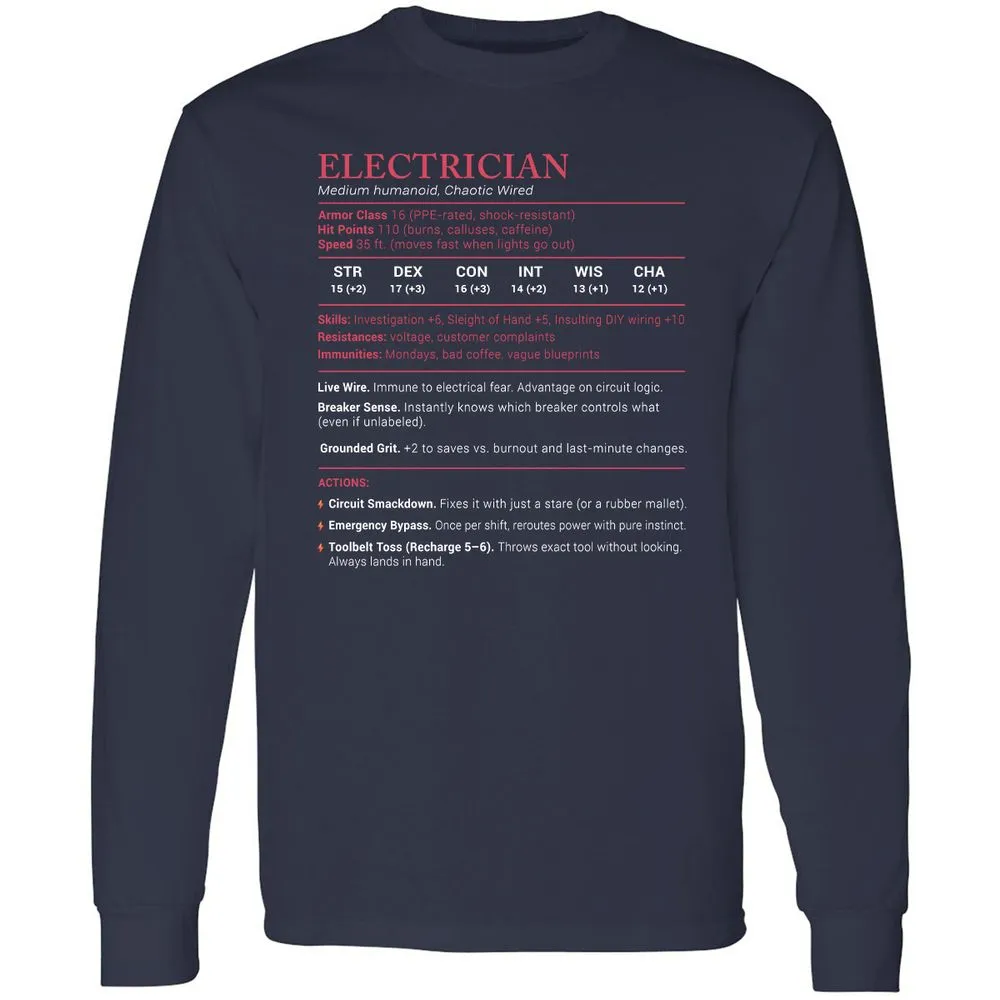 Electrician Stats Long Sleeve T-Shirt - Navy - 2